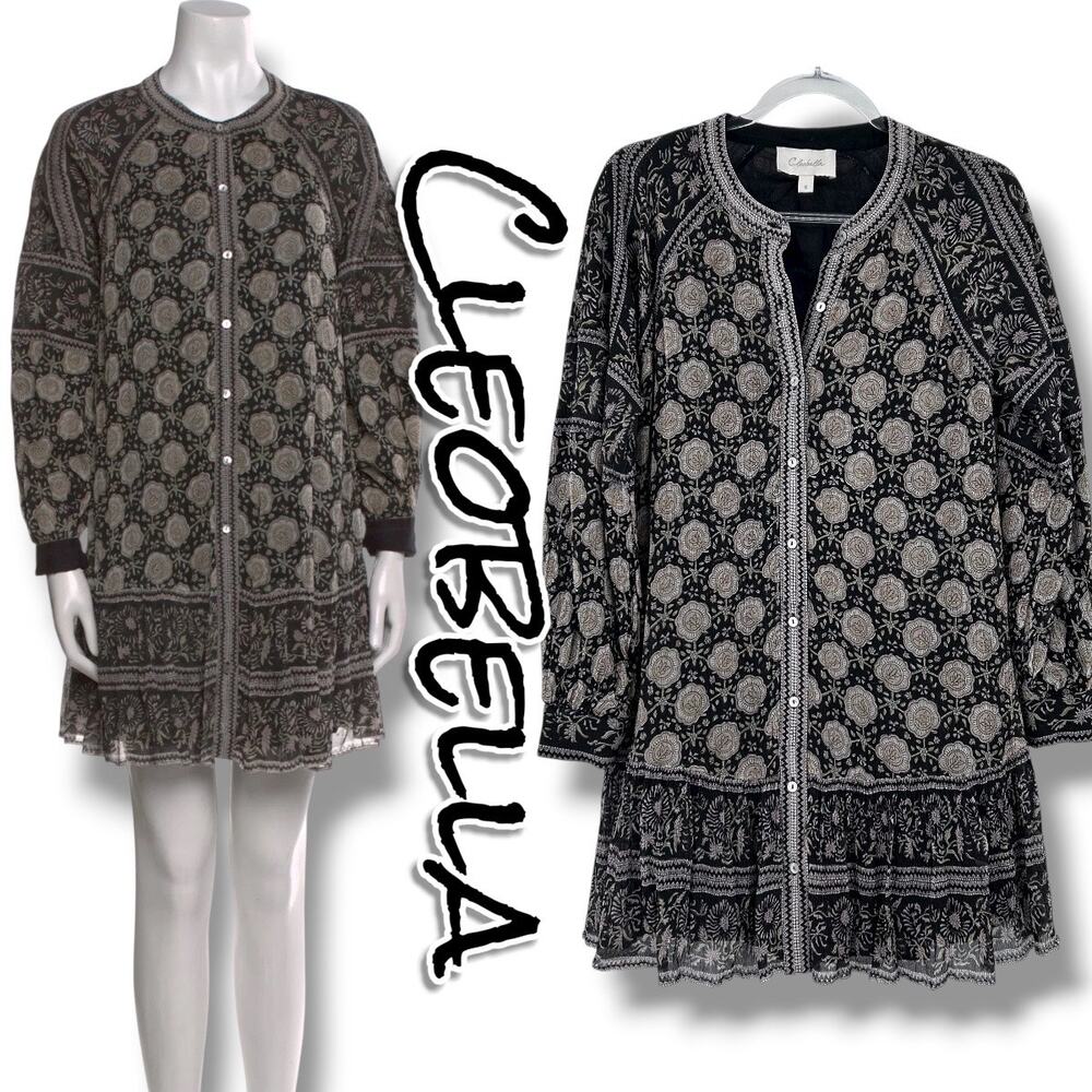 Cleobella Viola Mini Dress Mystic Block Black Floral Boho Tiered Womens Size S